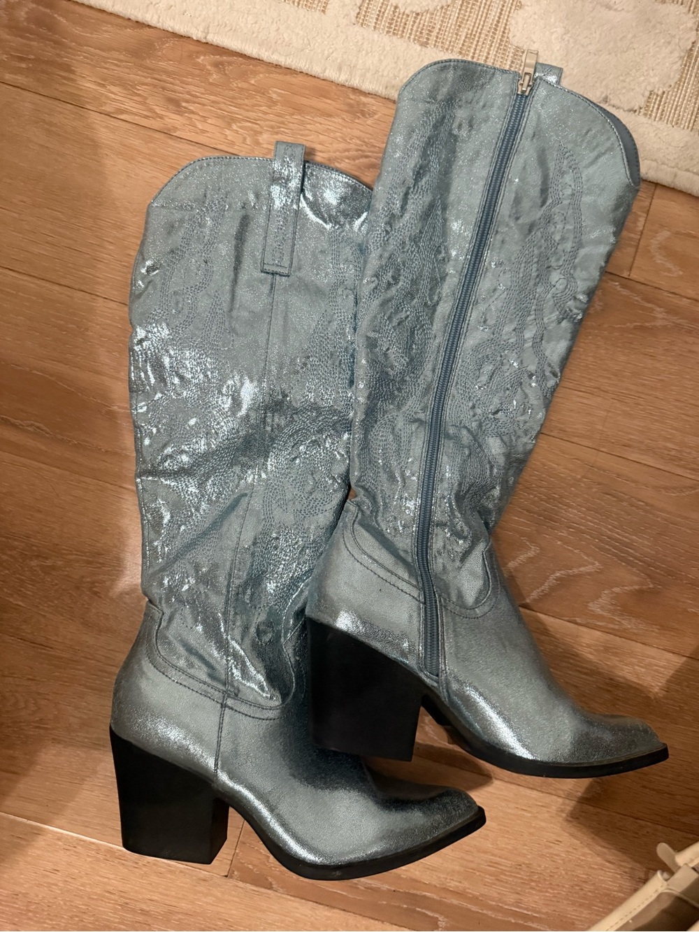 Metallic Silver Knee-High Block Heel Boots - Women